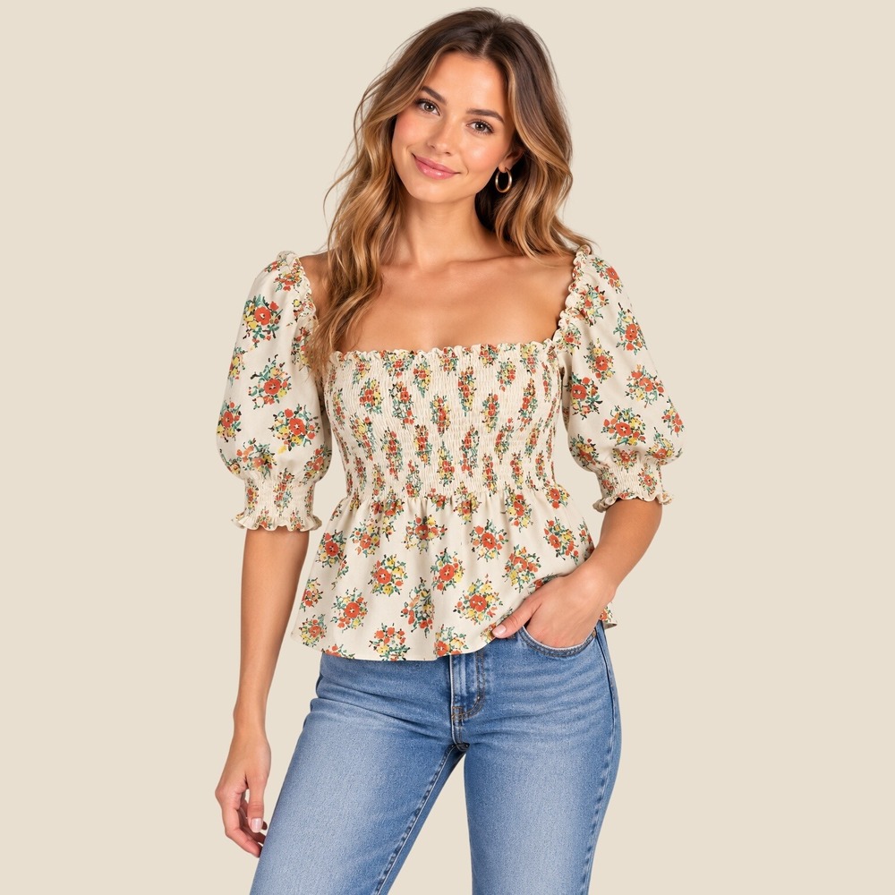 RIXO Katrina Floral Puff Sleeve Peplum Top Driving Miss Daisy Linen Blouse Small